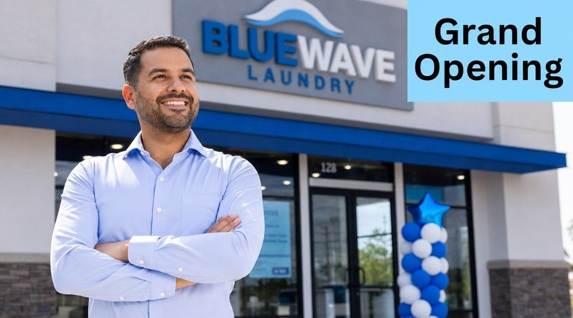 A smiling business owner stands confidently in front of his newly opened Blue Wave Laundry store.