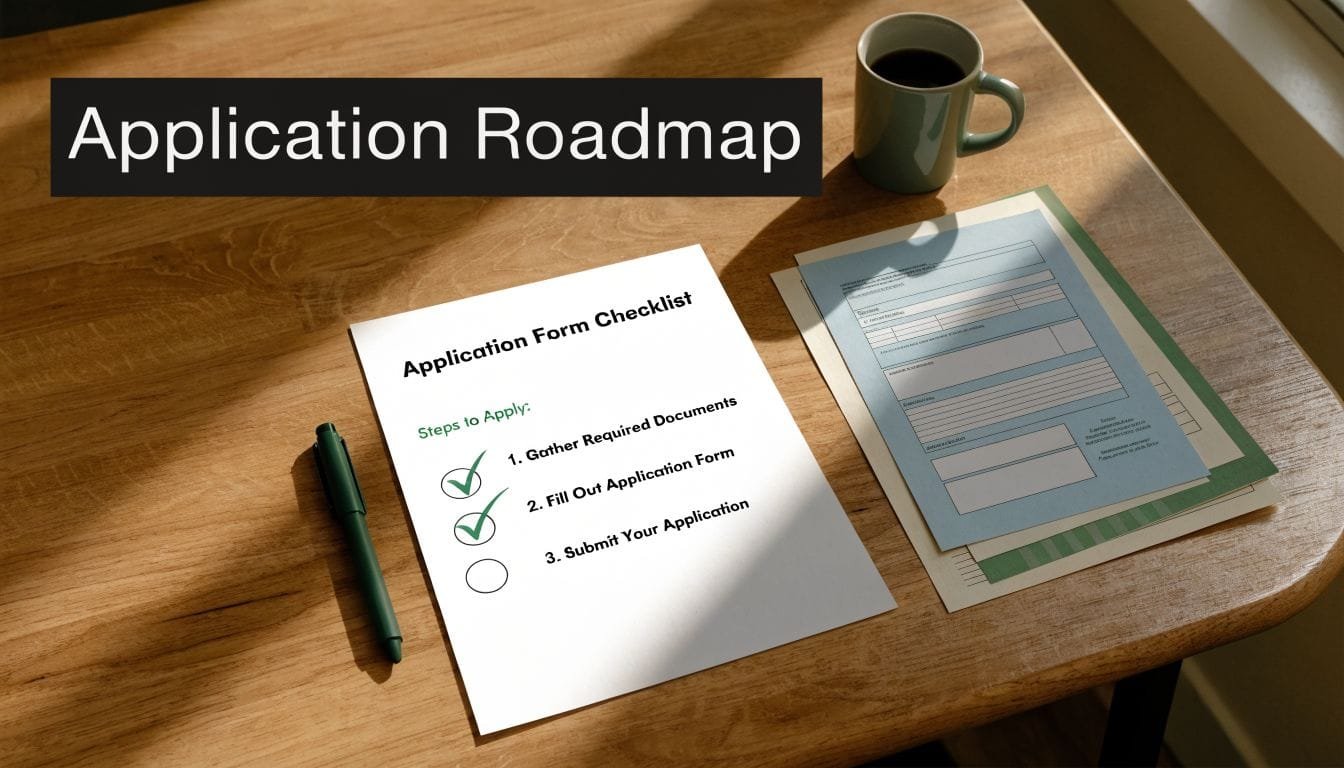 A checklist for an application roadmap lies on a wooden desk next to a pen and forms.