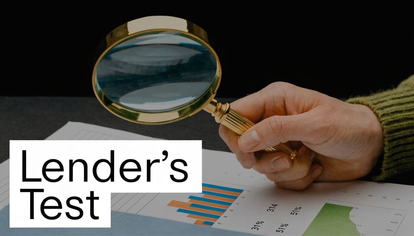 A hand holds a magnifying glass over financial charts and graphs on a table.
