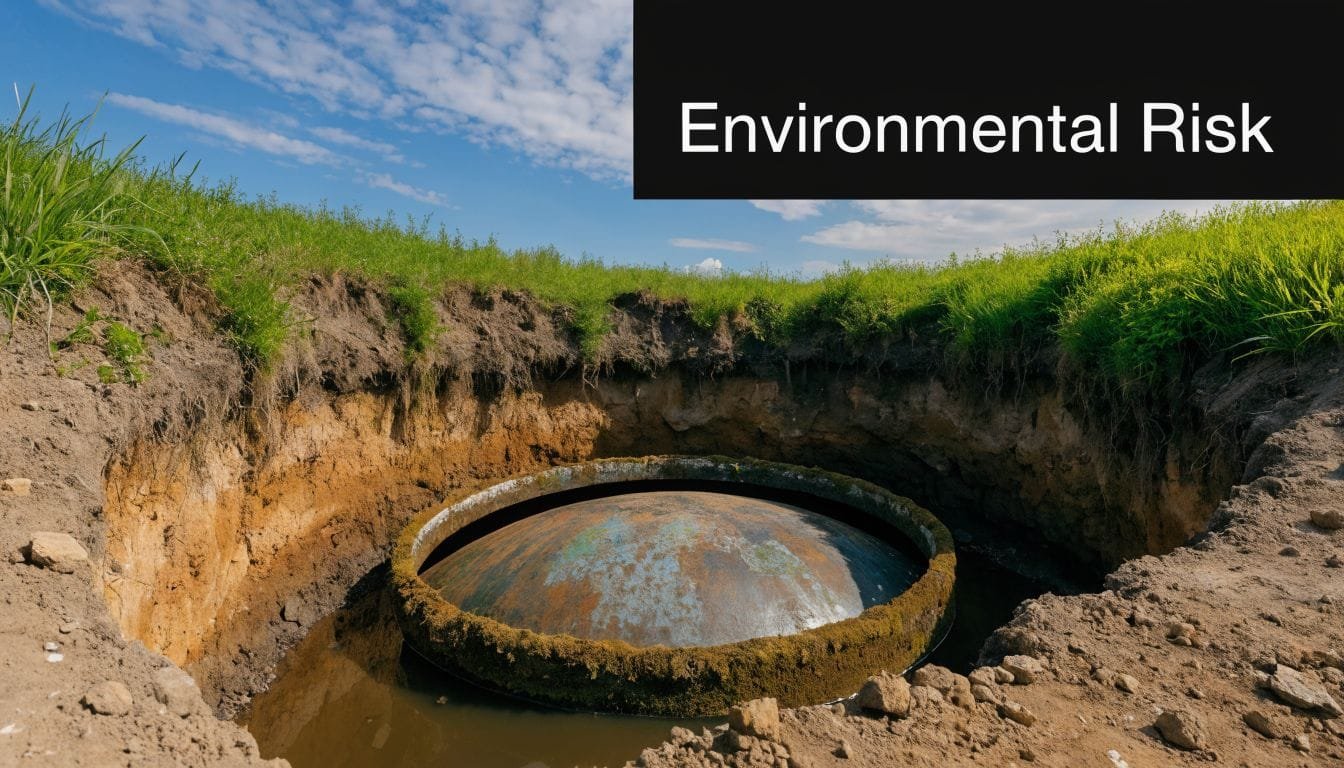 An old, rusted underground storage tank exposed in a large dirt pit amidst a grassy field.
