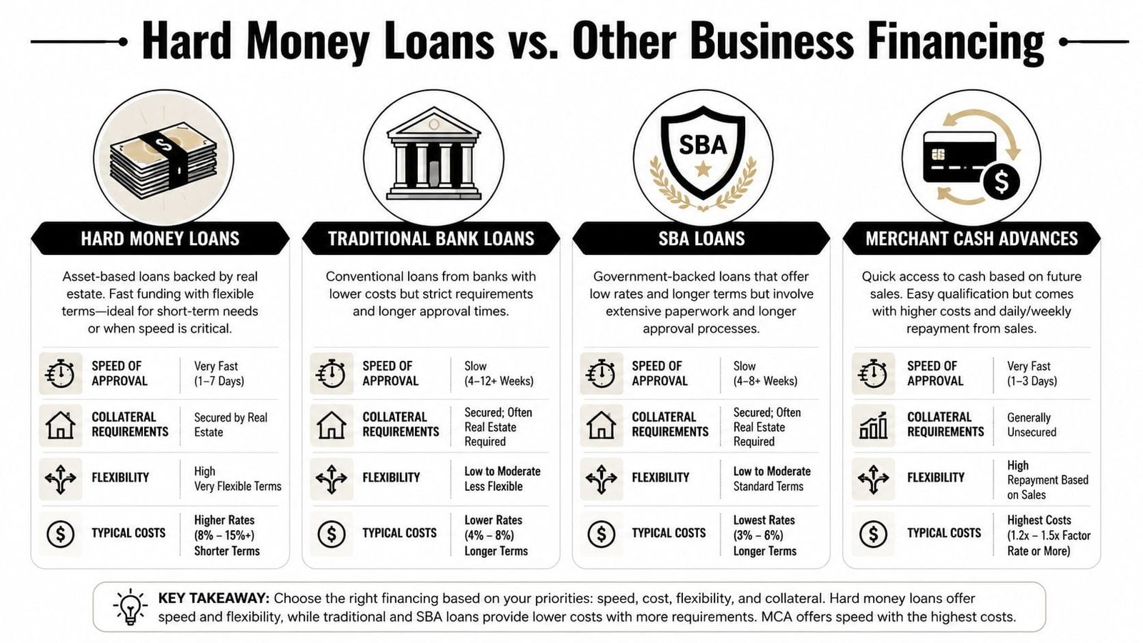 A comparison chart showing differences between hard money loans, bank loans, SBA loans, and merchant cash advances.