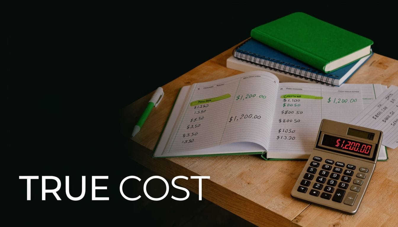 A calculator displaying 1200 dollars next to an open notebook with financial calculations on a wooden desk.