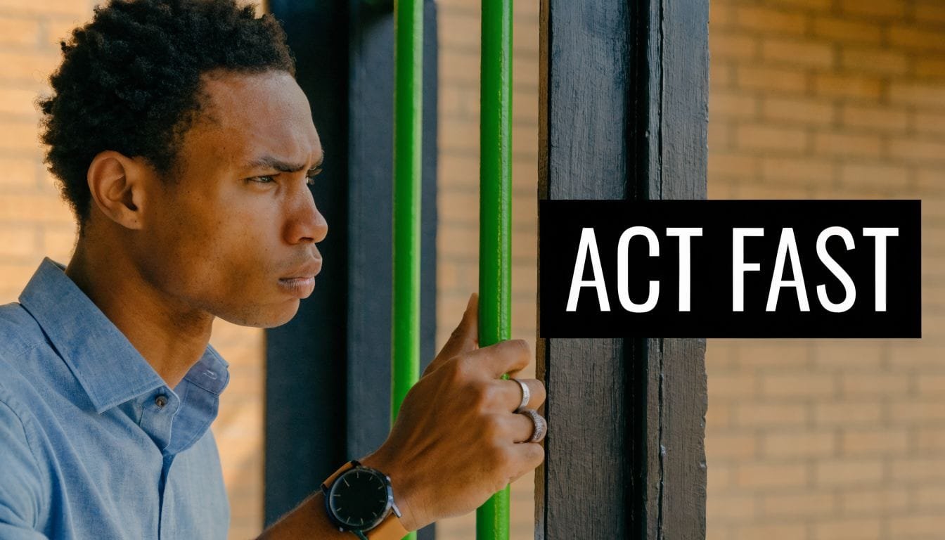 A man in a blue shirt holds onto prison bars with a serious expression, text reads Act Fast.