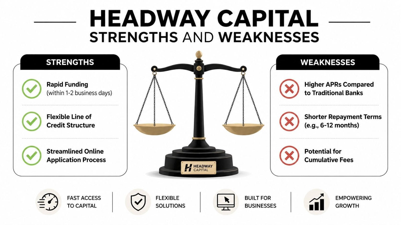 A comparison chart showing the pros and cons of Headway Capital business funding services on a scale.