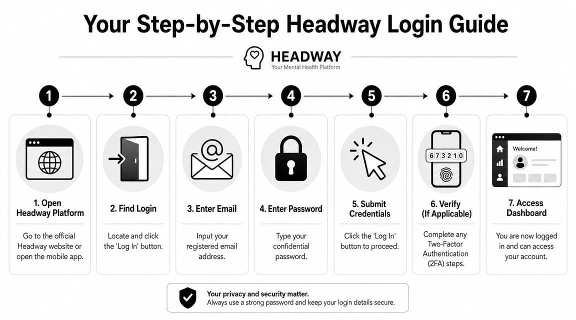 An infographic showing a seven-step guide on how to log in to the Headway mental health platform.