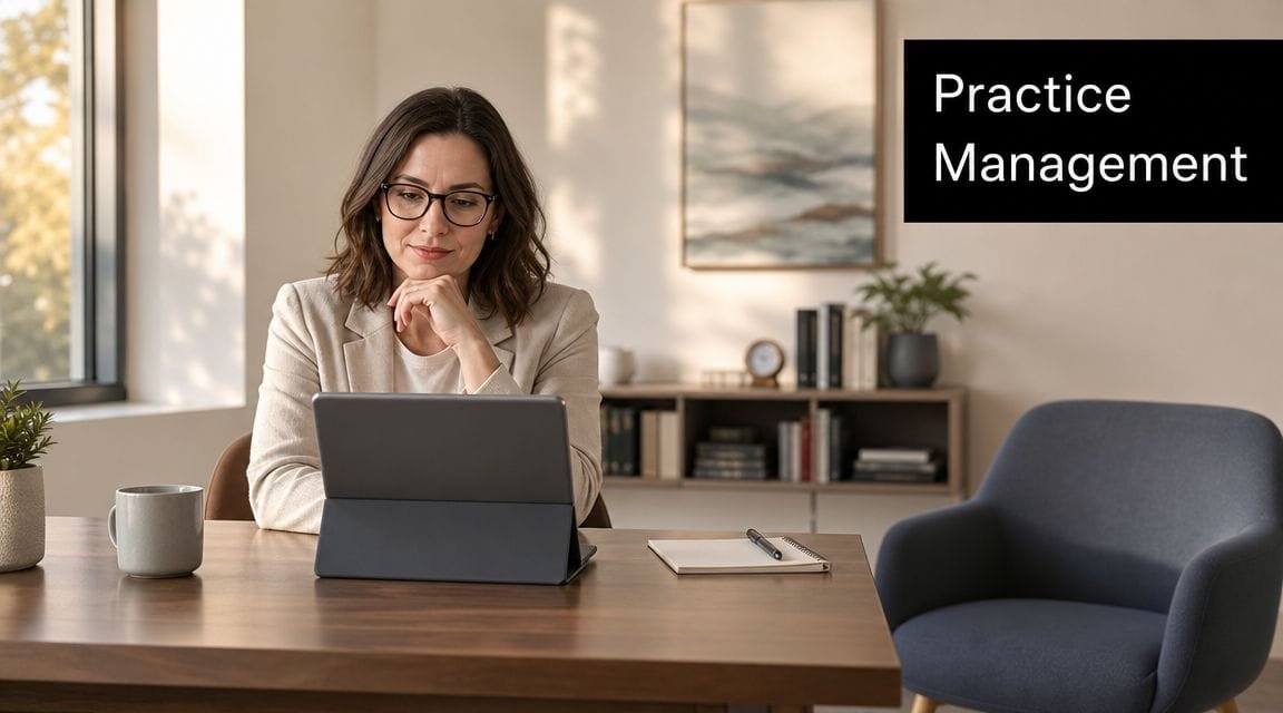 A professional woman in a business setting working on a tablet, focusing on practice management tasks.