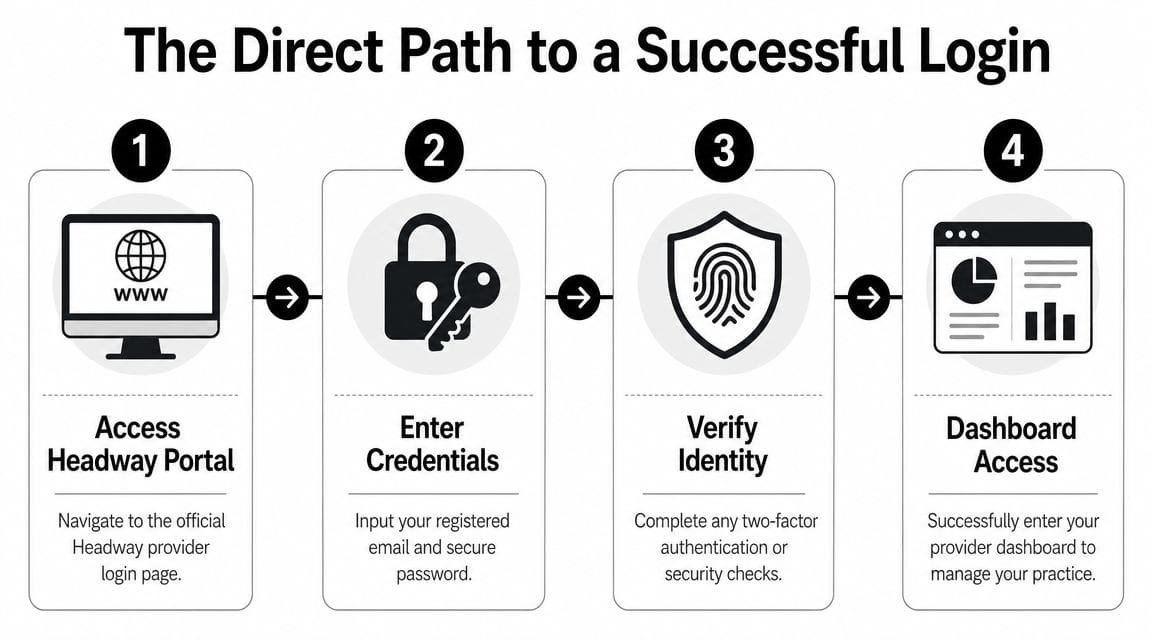A four-step infographic illustrating the process to access the Headway provider portal for account login.