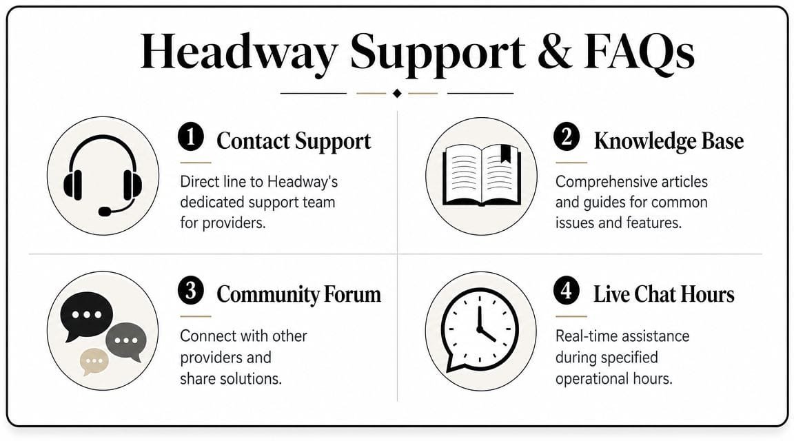 An informative graphic displaying Headway Support options including contact support, knowledge base, community forum, and chat hours.