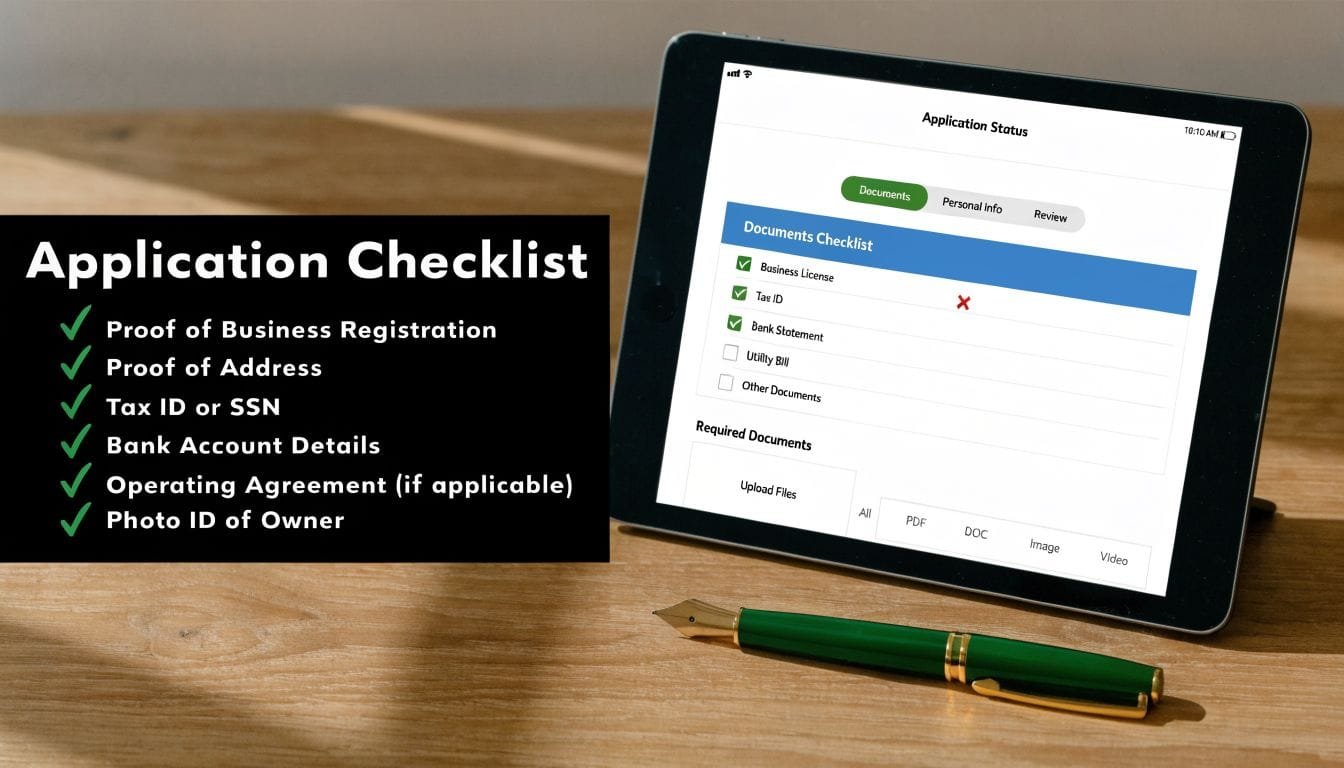 A digital tablet displaying an online application checklist with a fountain pen on a wooden desk.