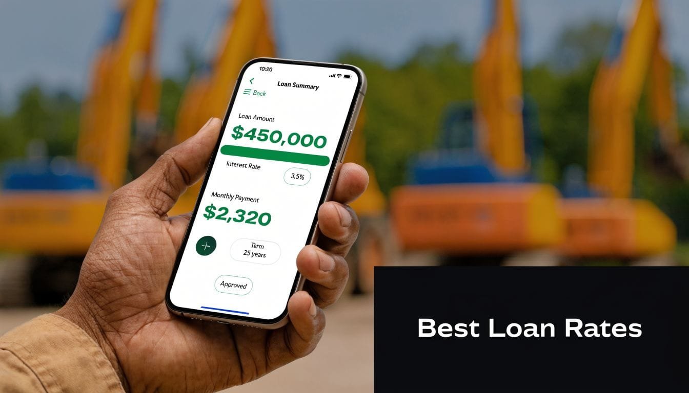 A hand holding a smartphone displaying a loan summary application for heavy equipment with payment details.