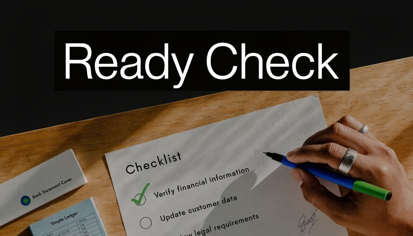 A hand using a blue pen to check items on a professional business checklist document.