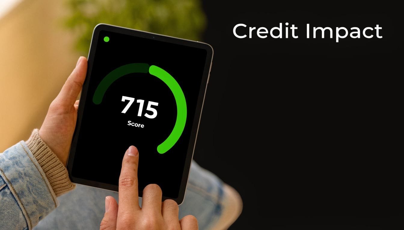 A person using a tablet to view a credit score of 715, representing financial health and credit monitoring.
