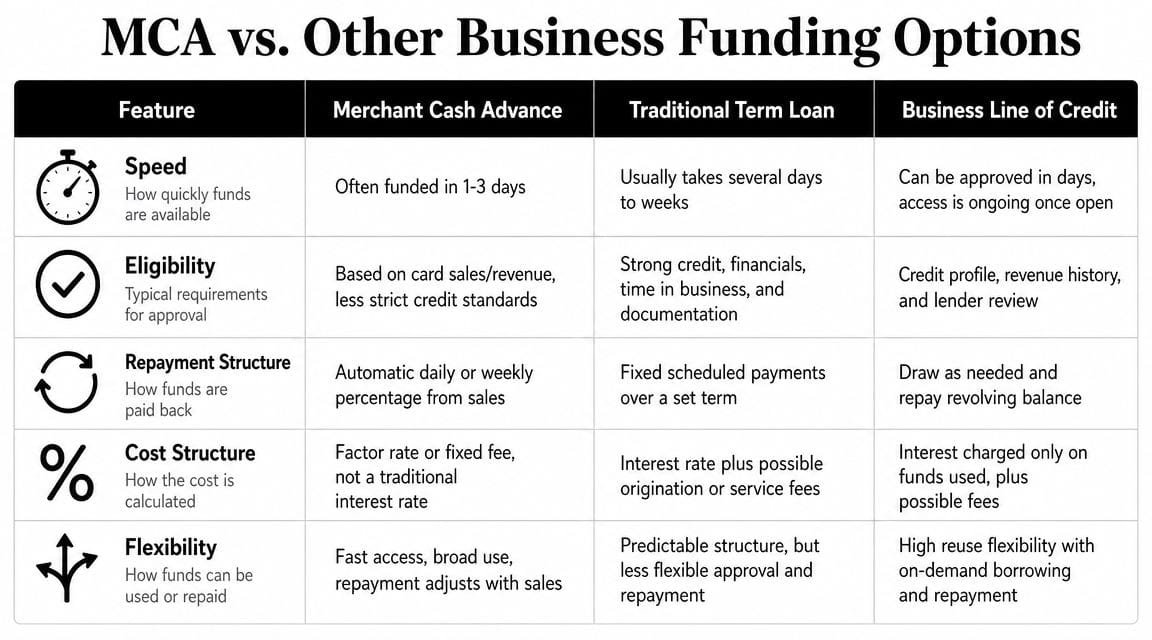 A comparison table outlining key features of merchant cash advances versus traditional term loans and business lines of credit.