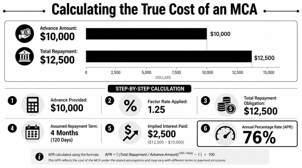 An infographic detailing the step-by-step process for calculating the true annual percentage rate of a merchant cash advance.