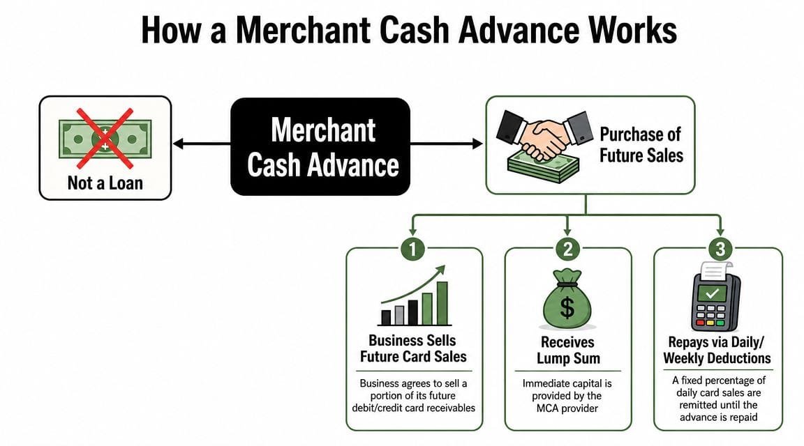 A flowchart explaining how a merchant cash advance works, detailing the process from initial agreement to repayment.