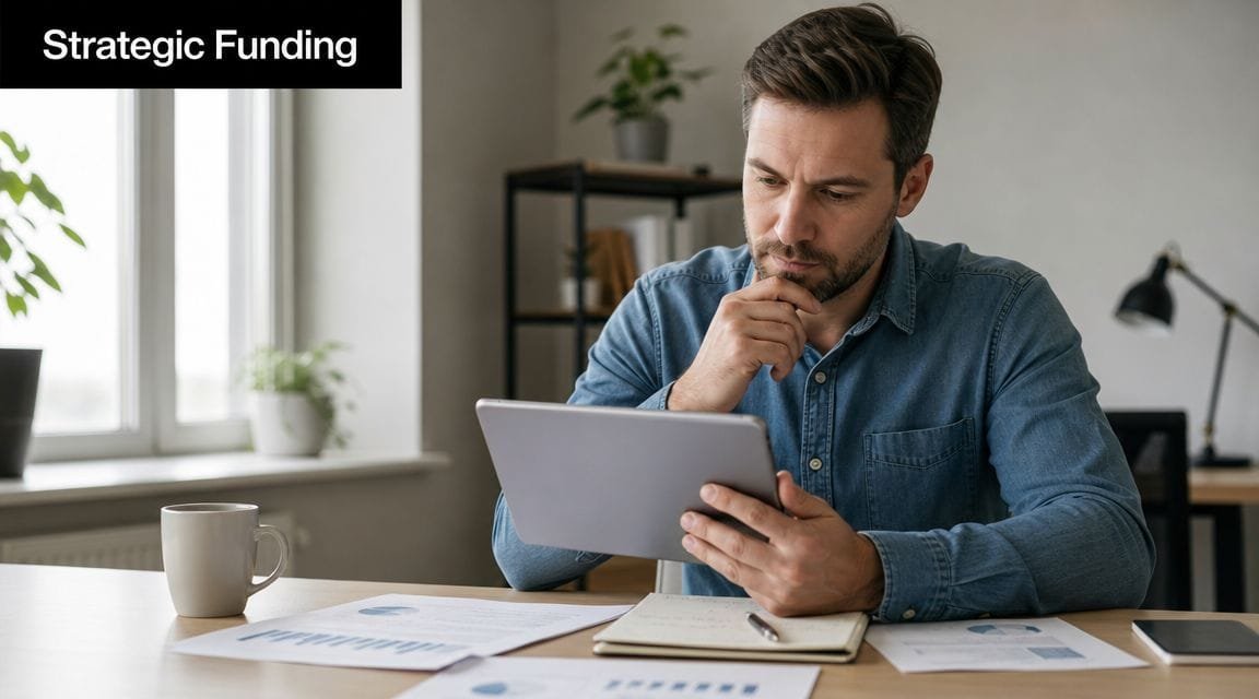 A focused professional analyzing financial data on a tablet while sitting at a desk in an office.