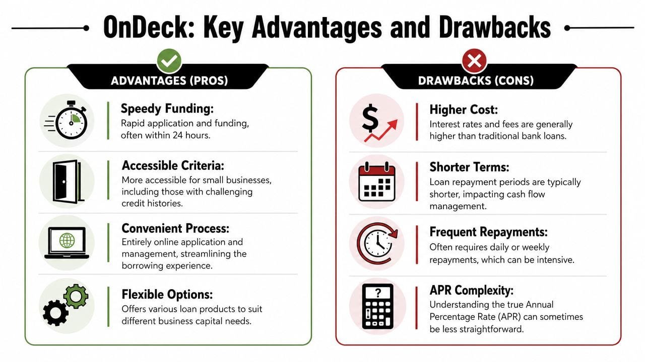 A comparison chart outlining the key pros and cons of obtaining business loans through OnDeck.