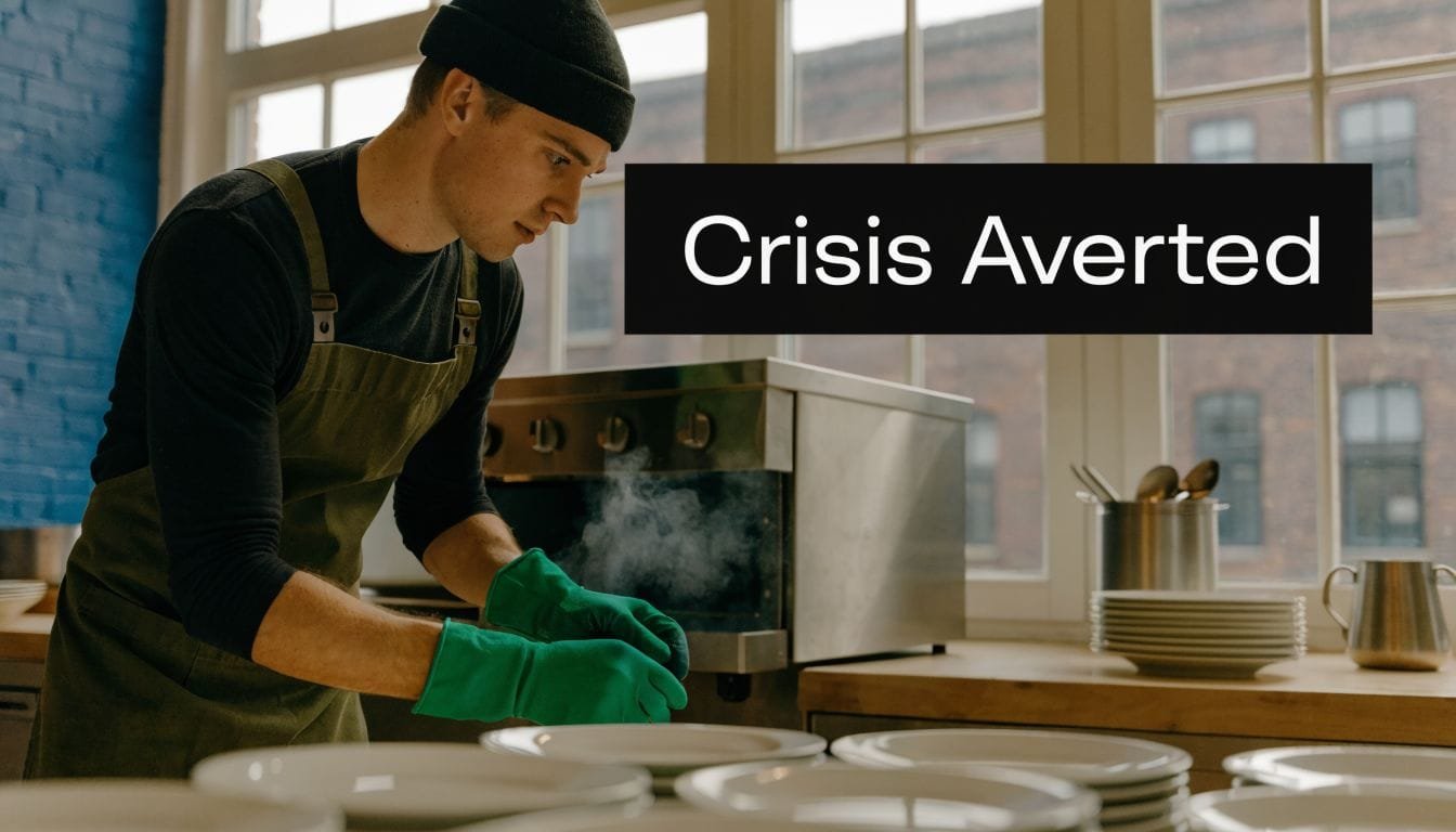 A focused professional chef wearing an apron and gloves works in a commercial kitchen with steaming equipment.