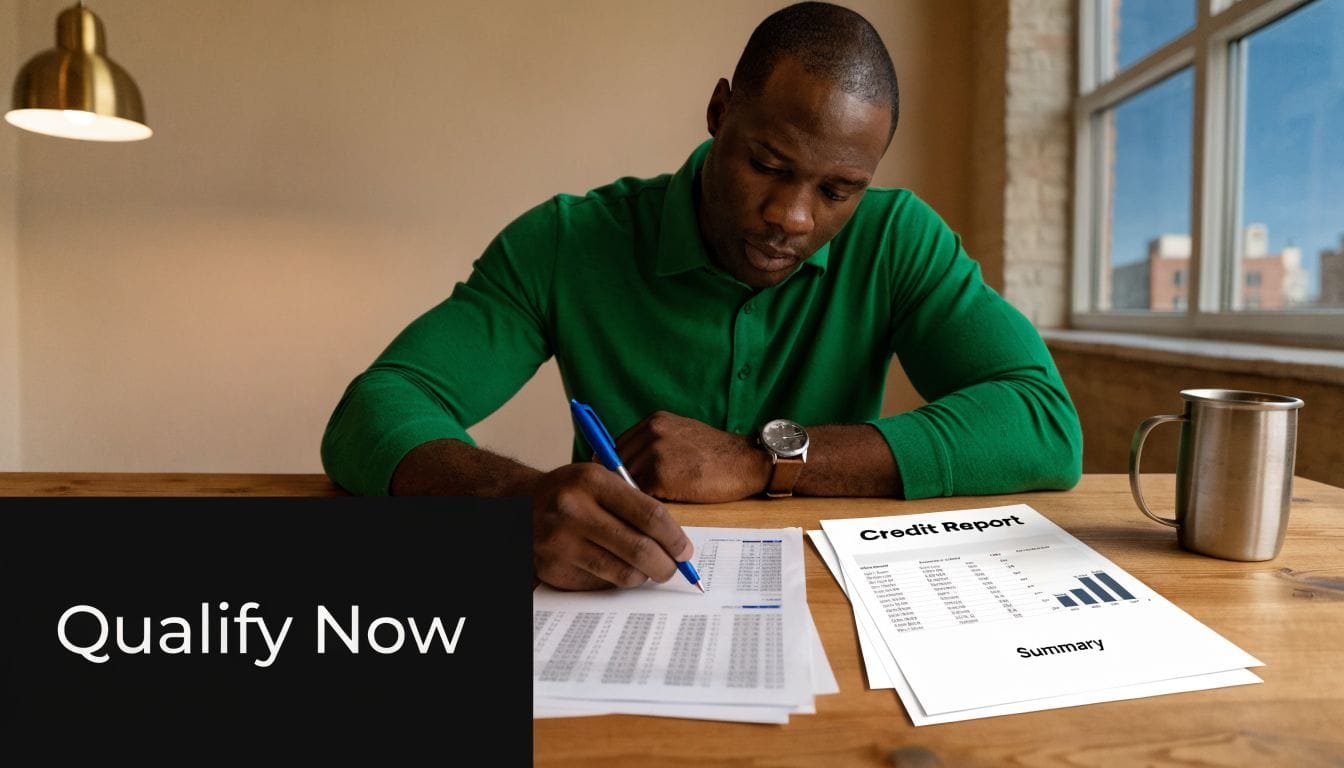 A man in a green shirt analyzing documents and a credit report at his desk.