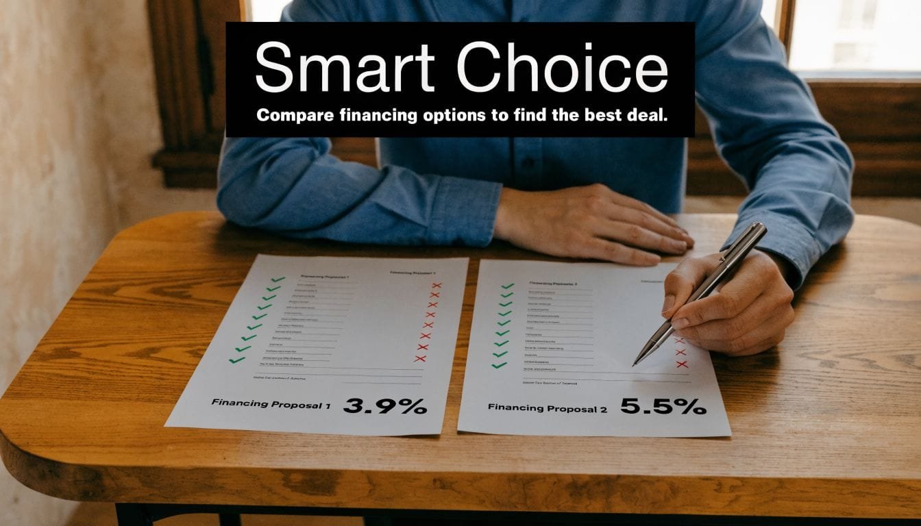 A person comparing two restaurant equipment financing proposals with different interest rates of 3.9% and 5.5%.