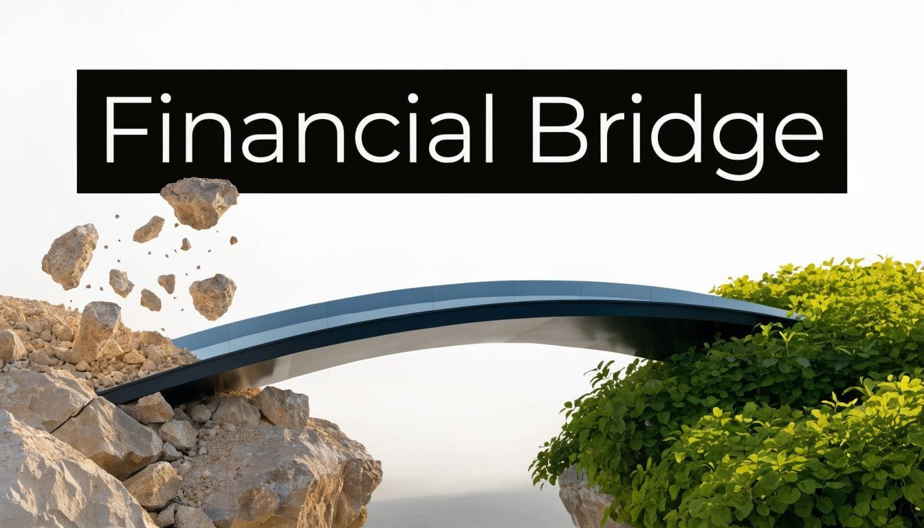 A sleek modern bridge connecting a rocky, crumbling cliff side to a lush, green landscape.