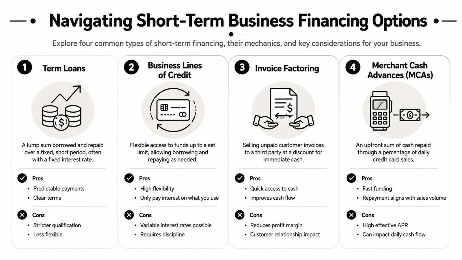 An infographic detailing four types of short-term business financing with their pros and cons explained.