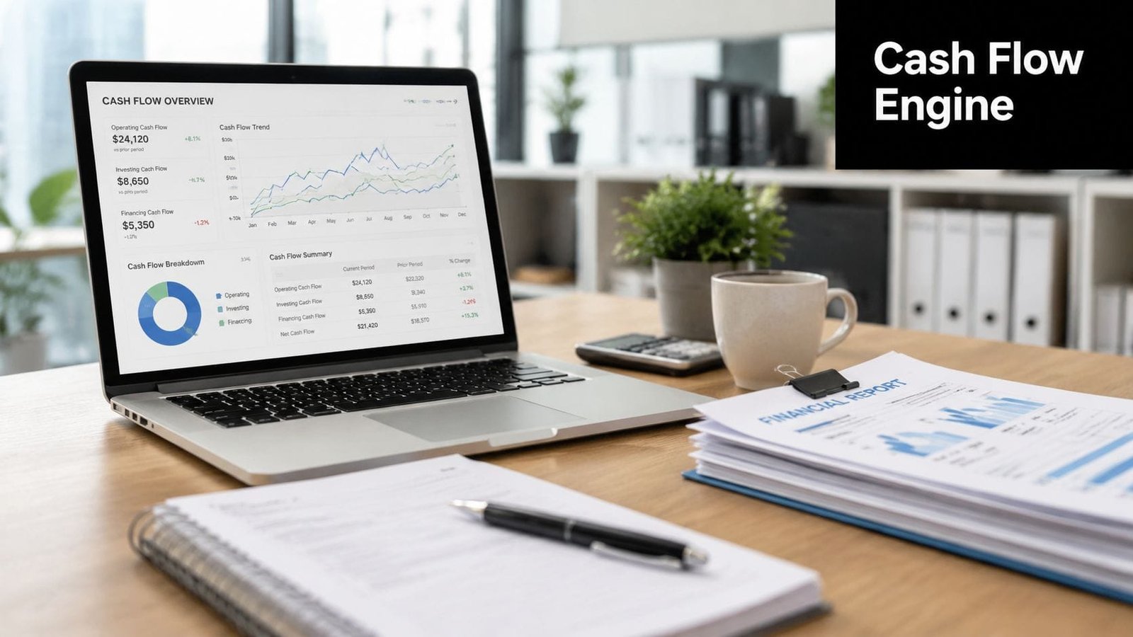 A modern office workspace featuring a laptop displaying detailed cash flow financial analysis and reporting charts.