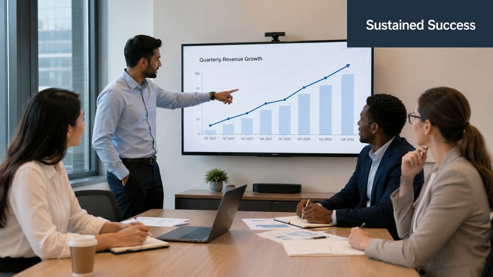A professional team in a conference room listening to a colleague present revenue growth data on screen.