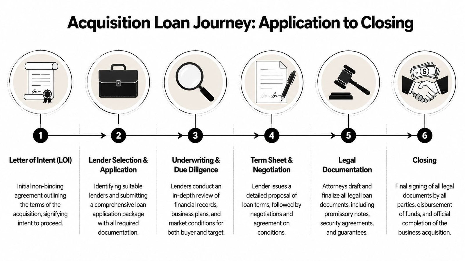 A six-step infographic detailing the business acquisition loan process from initial letter of intent to closing.