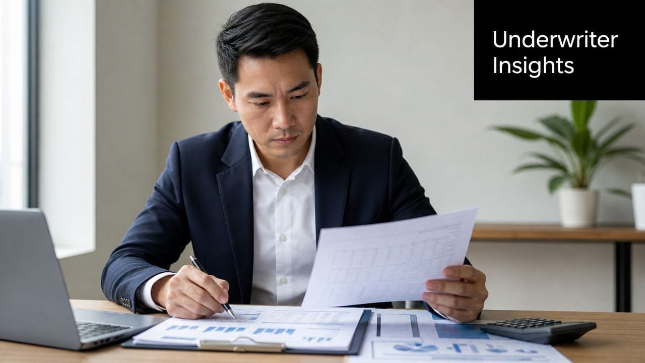 A professional man in a business suit reviewing financial documents and bank statements at his desk.