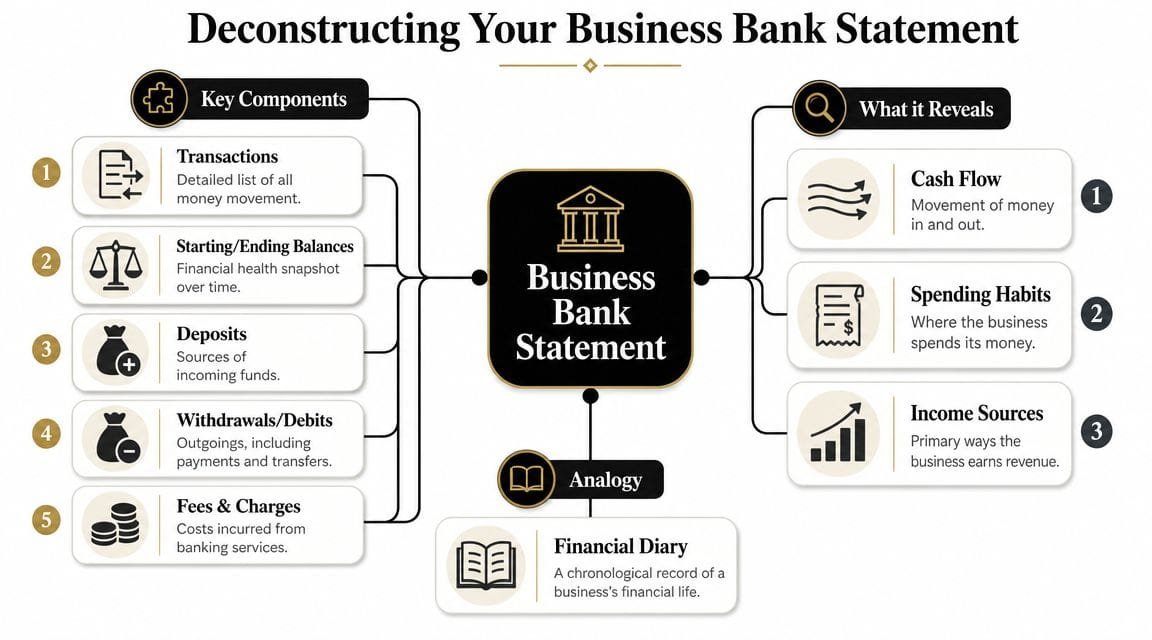 A diagram illustrating the key components and insights gained from deconstructing a business bank statement.
