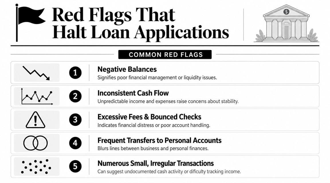 A list of five financial red flags that may cause a bank to reject a loan application.