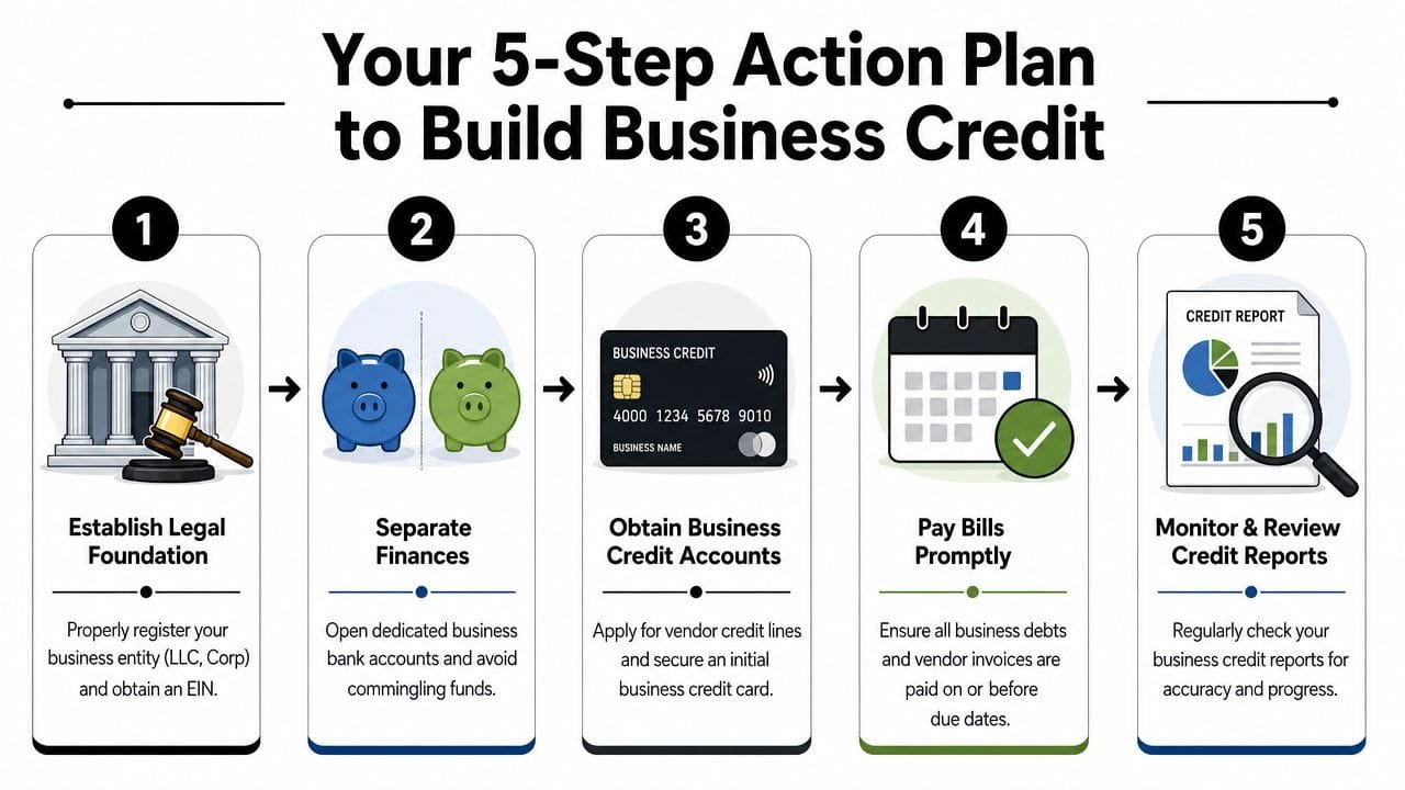 A five-step infographic showing how to build business credit, from legal registration to monitoring credit reports.
