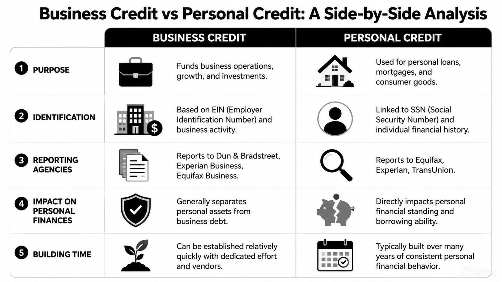 A comparison chart outlining the five key differences between business credit and personal credit profiles.