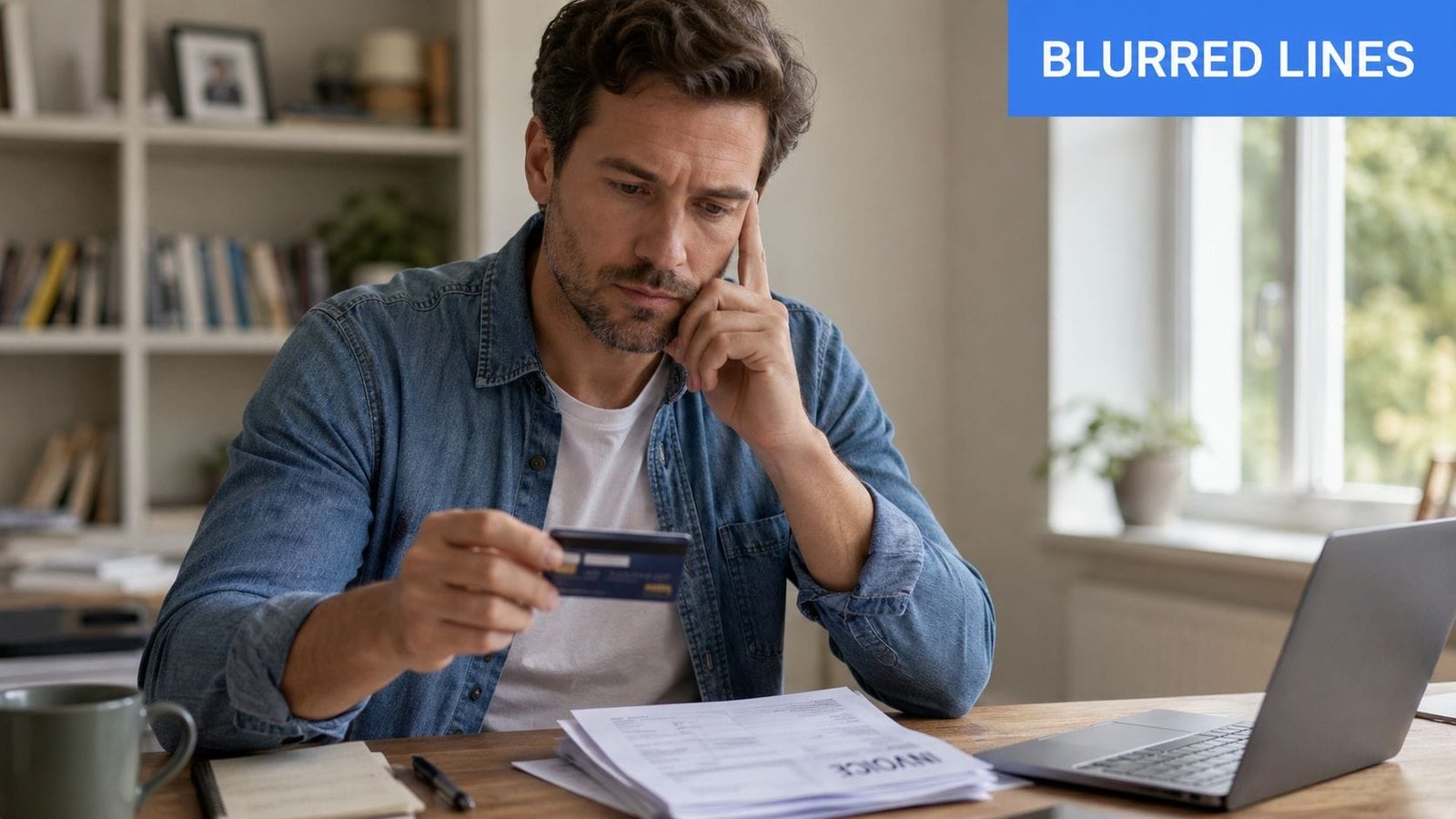 A man looking at a credit card while reviewing invoices and working on his laptop at home.