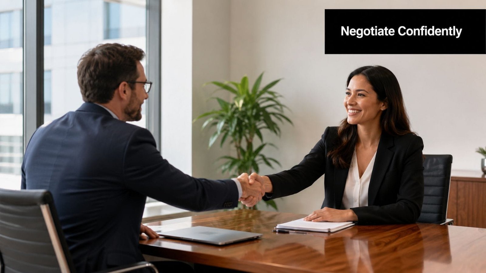 A professional man and woman smiling and shaking hands across a desk in a modern office.