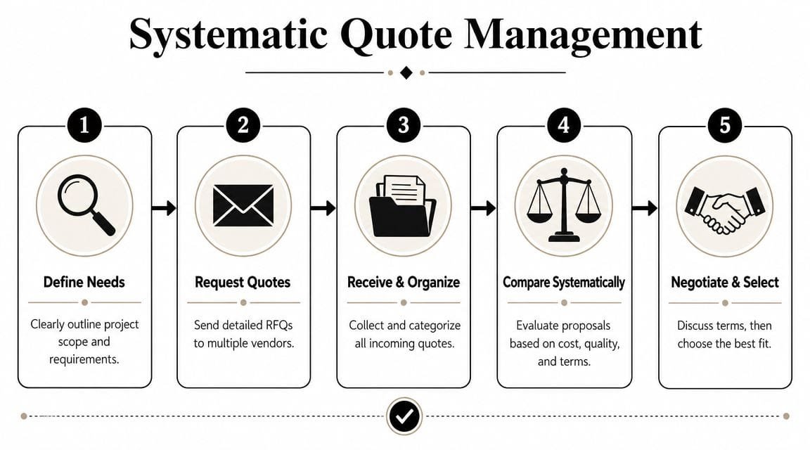 A five-step infographic illustrating the systematic business quote management process from defining needs to final selection.