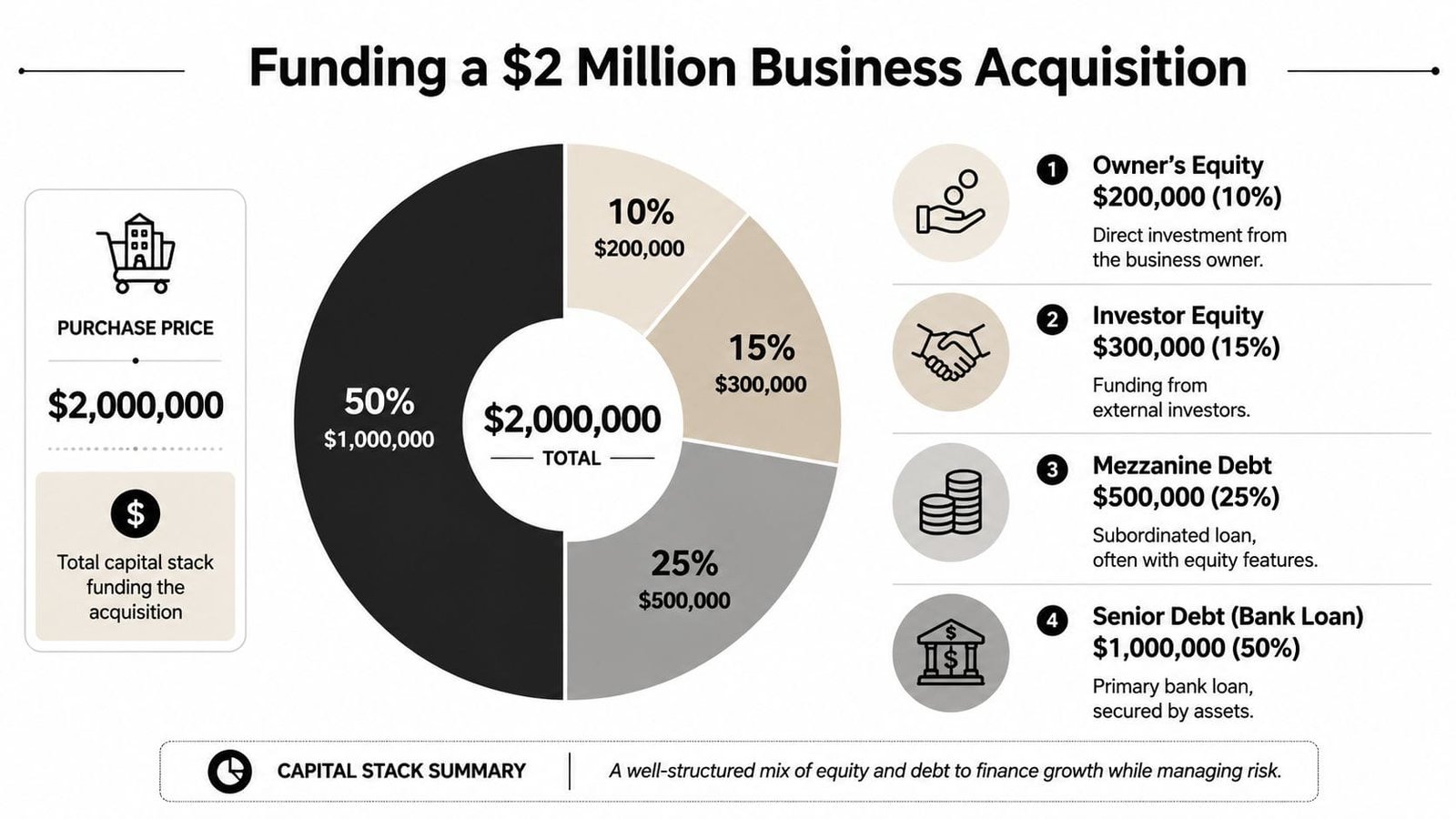 A pie chart showing the capital stack breakdown for a two million dollar business acquisition funding strategy.
