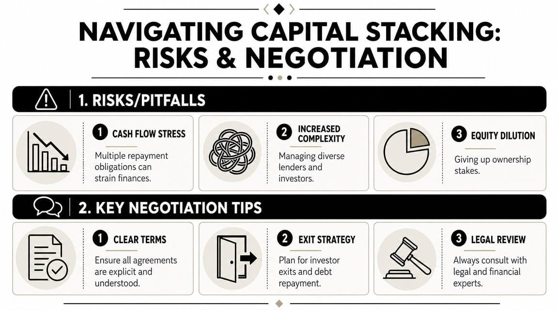 An infographic titled Navigating Capital Stacking, outlining common financial risks and key negotiation tips for businesses.