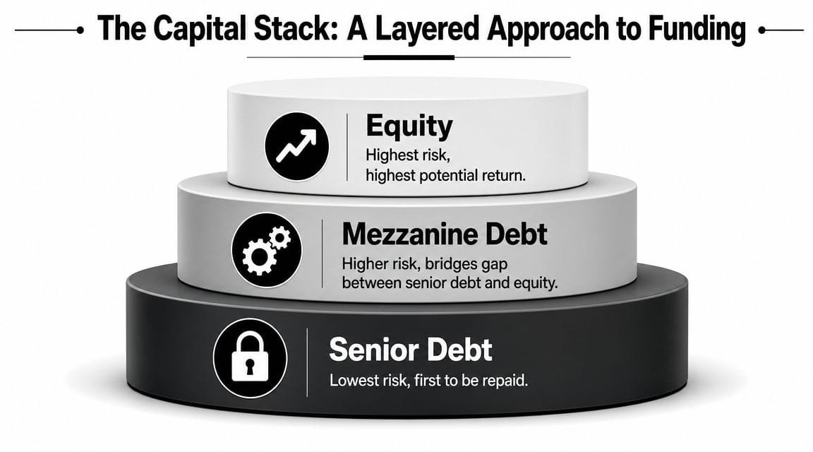 A visual hierarchy illustrating the capital stack with layers for equity, mezzanine debt, and senior debt.
