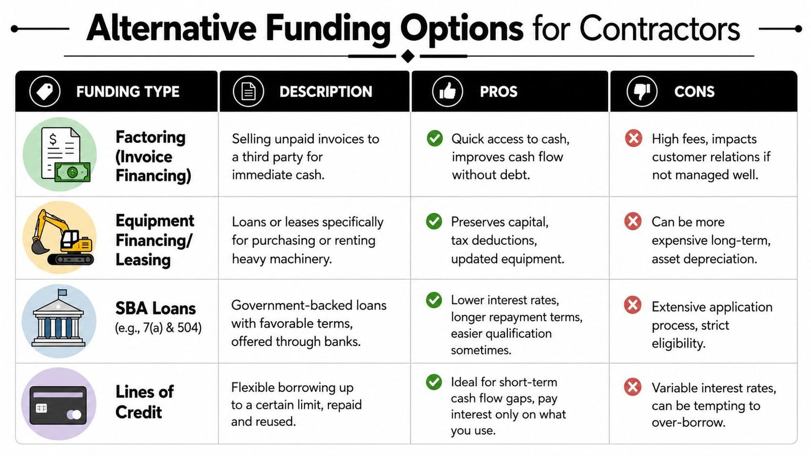 A table comparing various funding options for contractors including factoring, equipment financing, SBA loans, and credit lines.