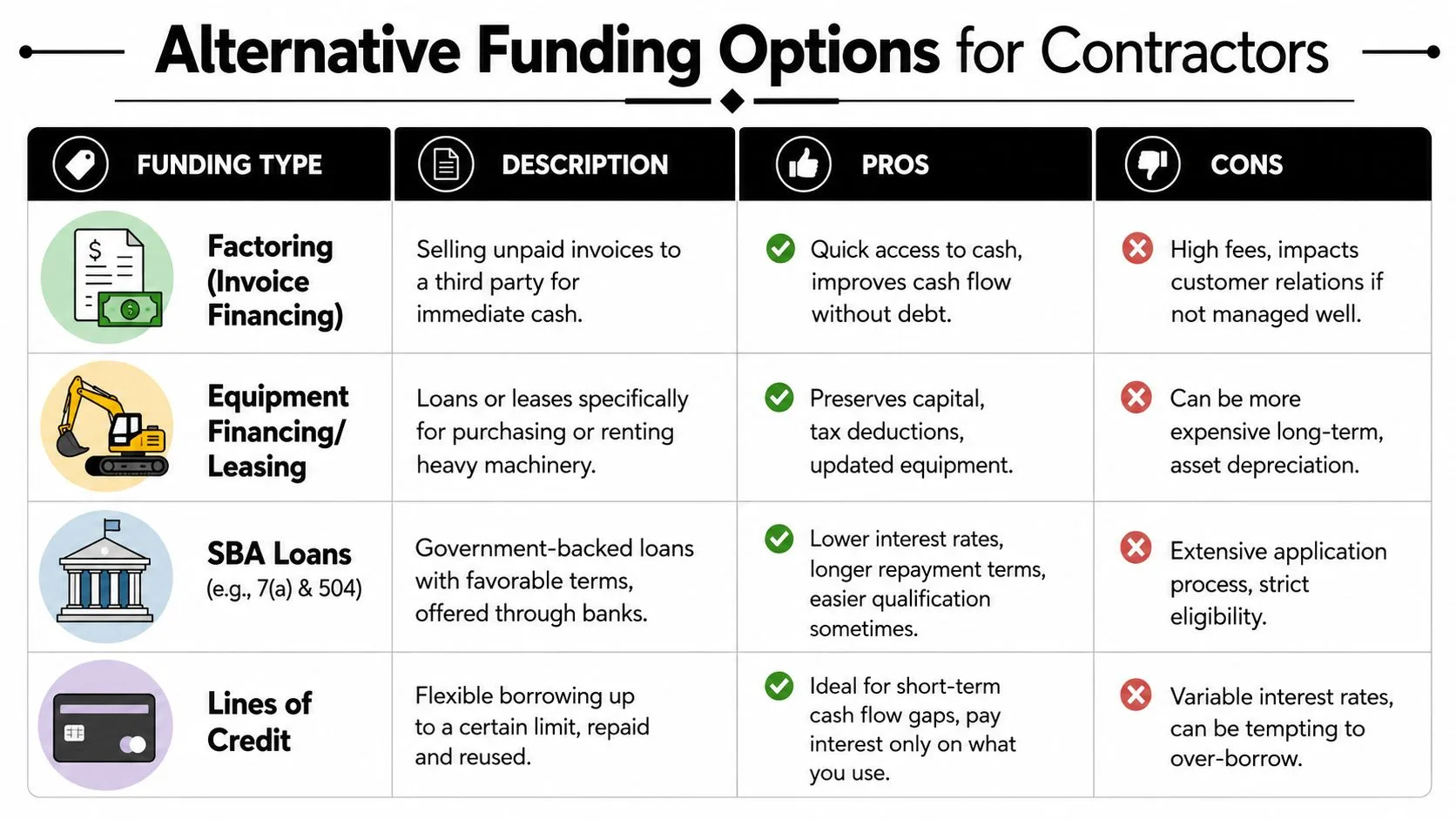 A table comparing various funding options for contractors including factoring, equipment financing, SBA loans, and credit lines.
