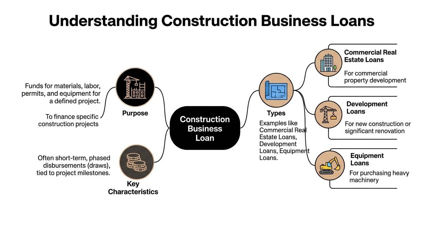 A diagram illustrating the purpose, key characteristics, and types of construction business loans for professional development.