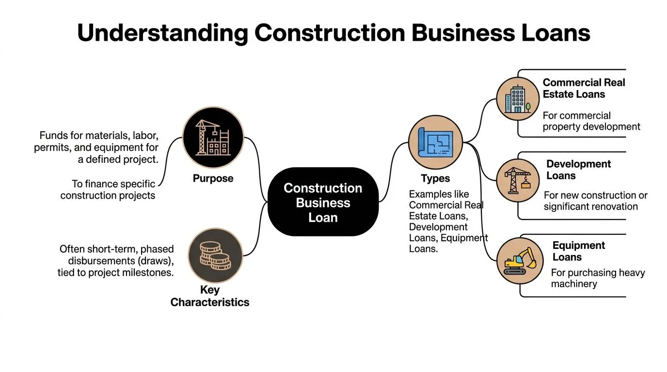 A diagram illustrating the purpose, key characteristics, and types of construction business loans for professional development.