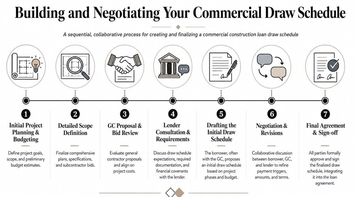 A seven-step infographic illustrating the sequential and collaborative process for creating a commercial construction loan draw schedule.