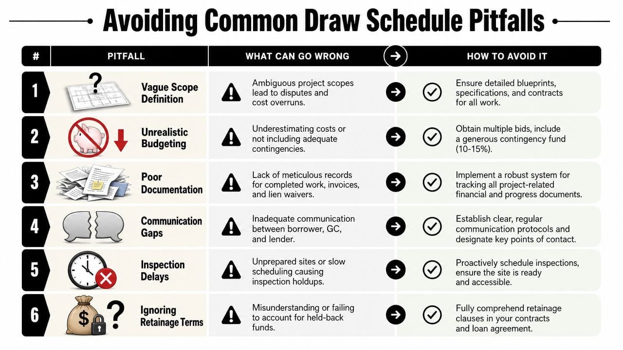 A chart illustrating six common pitfalls in construction loan draw schedules and how to avoid them.
