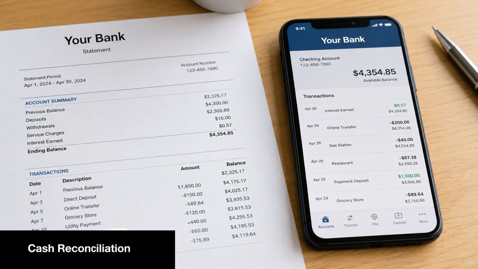 A bank statement paper document next to a smartphone displaying a digital banking account summary and transactions.