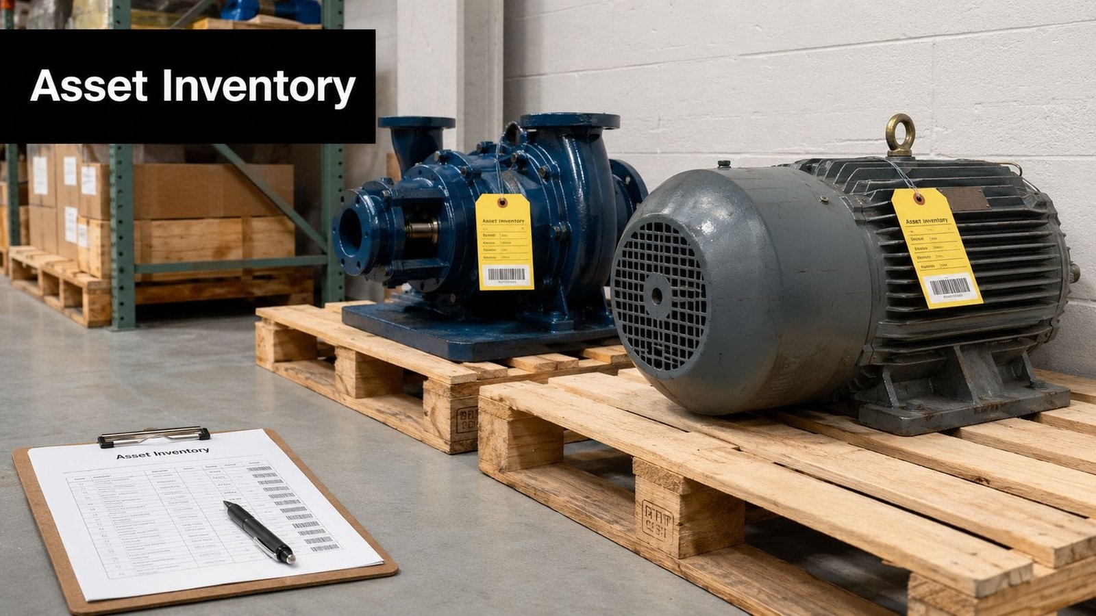 Industrial machinery and pumps on wooden pallets in a warehouse with an asset inventory clipboard nearby.