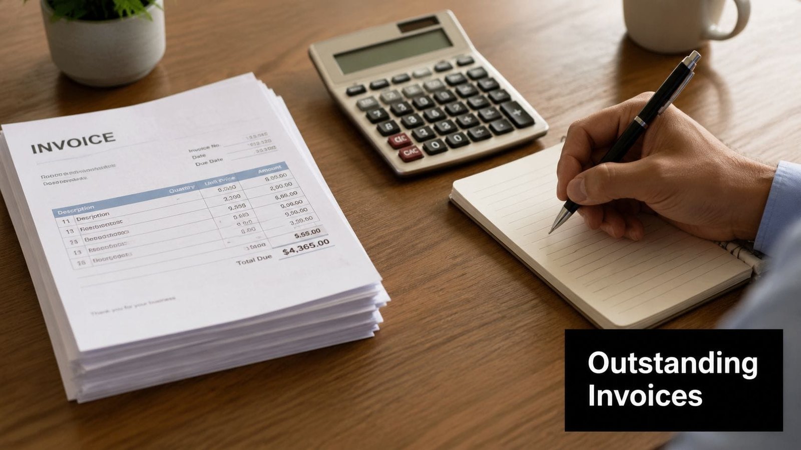 A person writing on a notepad next to an invoice document and a calculator on a desk.
