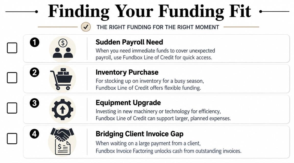 A list showing four common business funding needs and the corresponding Fundbox financial solutions for each scenario.
